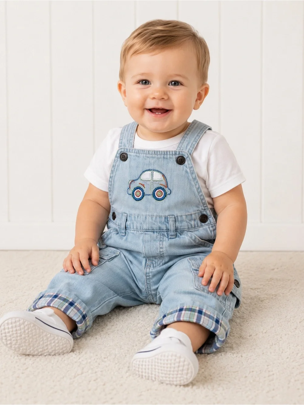 The Children's Place Light Blue Denim Overalls with Car Patch